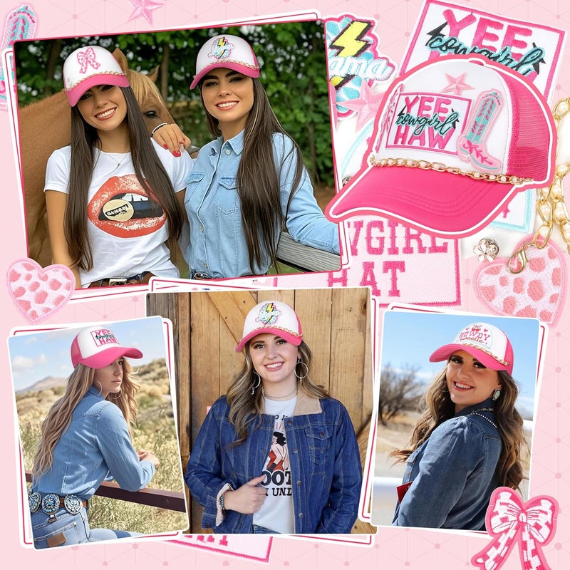 Meneng Women Trucker Hat Bulk: Western Adjustable Snapback Caps - Cowgirl DIY Hat Kit with Chains & Embroidered Patches - Image 3